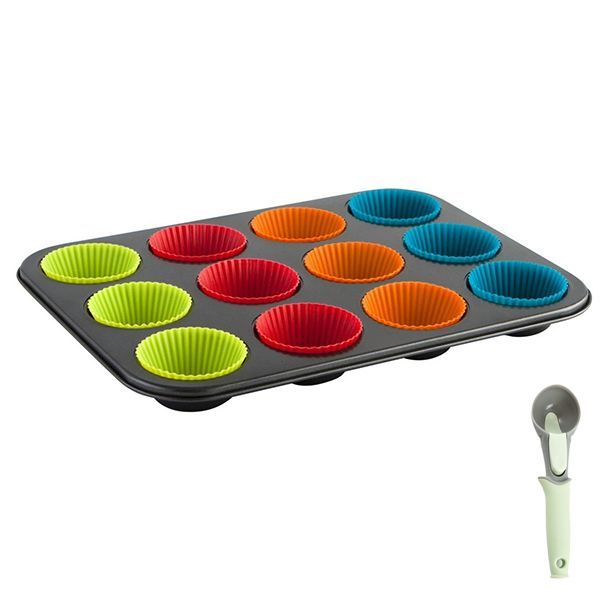 12 Cups Non Stick Muffin tray with 12 Silicone Cups Wraps