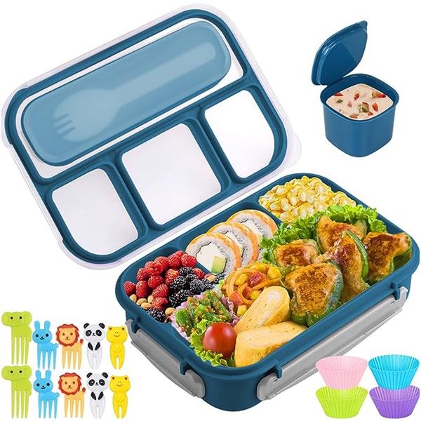16Pcs 4-Compartment Bento Box Set Lunch Box with Food Picks Cake Cups -1.3L