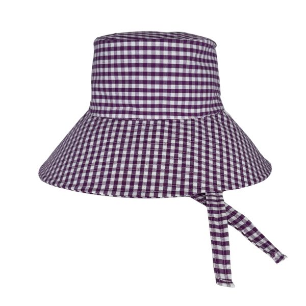 Teal Gingham Checkered Wide Brim Sun Hat for Girls &amp; Ladies Chin Strap