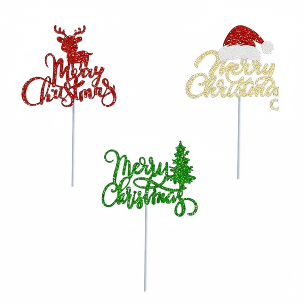 24 Piece Festive Glitter Merry Christmas Cake Toppers - Multicolor
