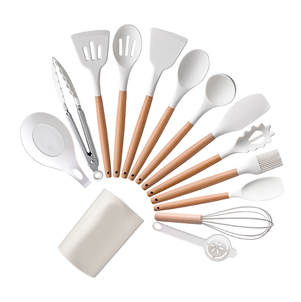 14 Piece Set Of Silicone Kitchenware, Wooden Handle Kitchen Cooking Set