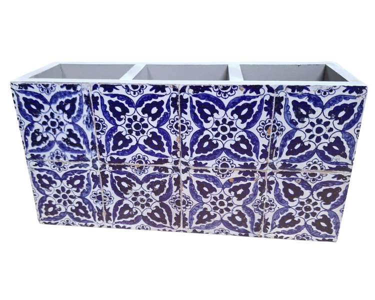 White &amp; Blue Cutlery or Stationary Holder - 4 Leaf Mandala