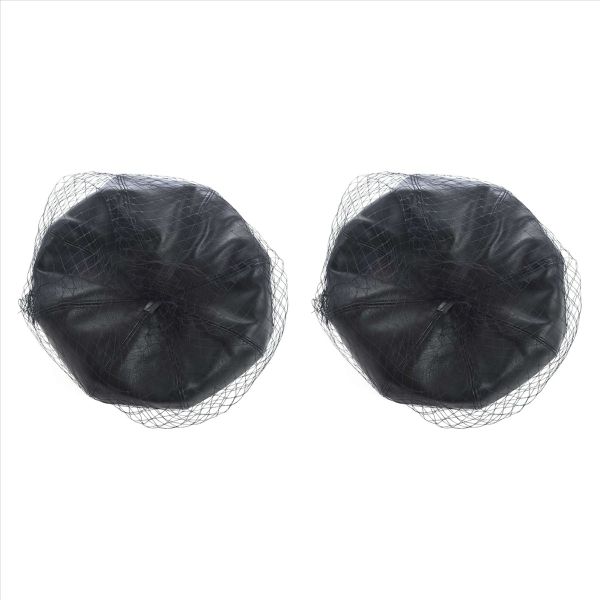 Black Leather Beret With Veil Mesh Show Double Layer Women Beret