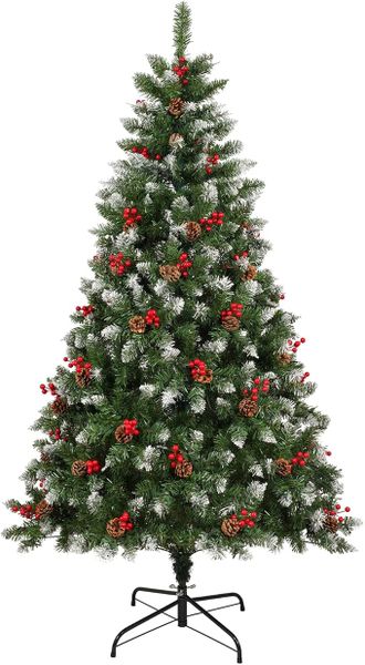 Cherry Artificial Christmas Tree With White Tips Red Berries Pine Cones