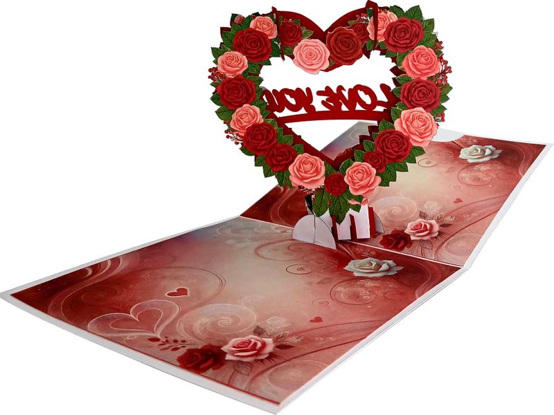 3D Pop-Up Greetings Card - 'Love You' In Floral Hearts - Metallic Cardstock