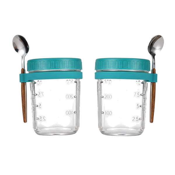 2 Pack 400ml Glass Jar Breakfast Cup with Spoons - Blue