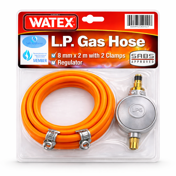 WATEX 2m LP Gas Hose Kit with Regulator &amp; 2 Clamps - 8mm LPG