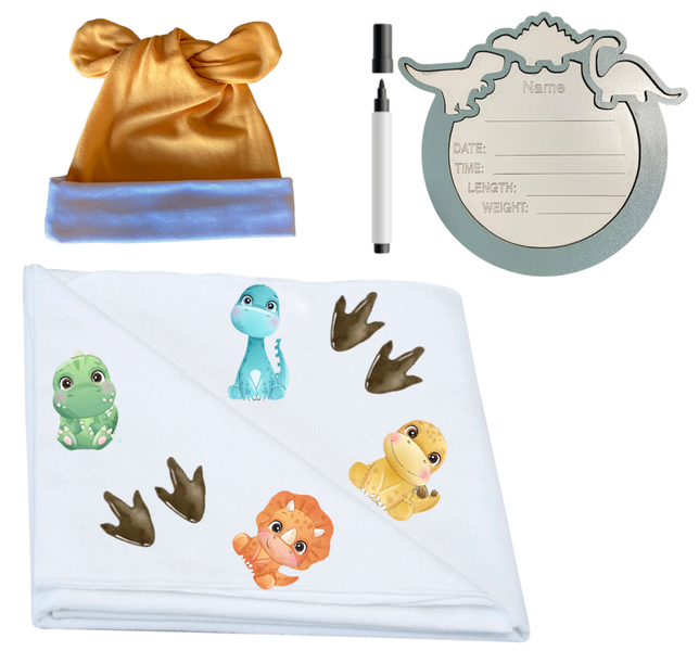 Swaddle, Newborn Beanie &amp; Birth Announcement -Dinosaur with paw-Mustard Hat