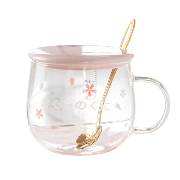 400Ml Creative Sakura Glass Coffee Water Cup with Handle Lid Spoon B