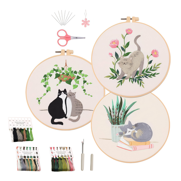 3 Sets Cat Embroidery Kit For Beginners, Pre-Printed Needlepoint With Hoop