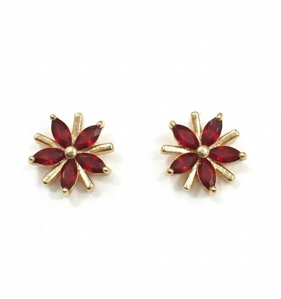 Gold Daisy Ruby Flower Stud Earrings