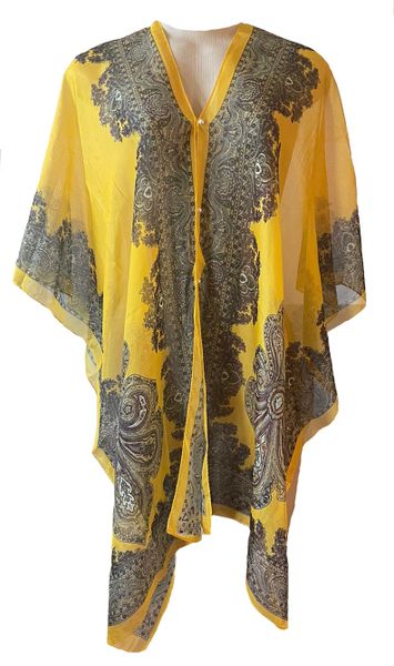 Ladies Kaftan Satin Silk Floral - Yellow / Multi-Colour