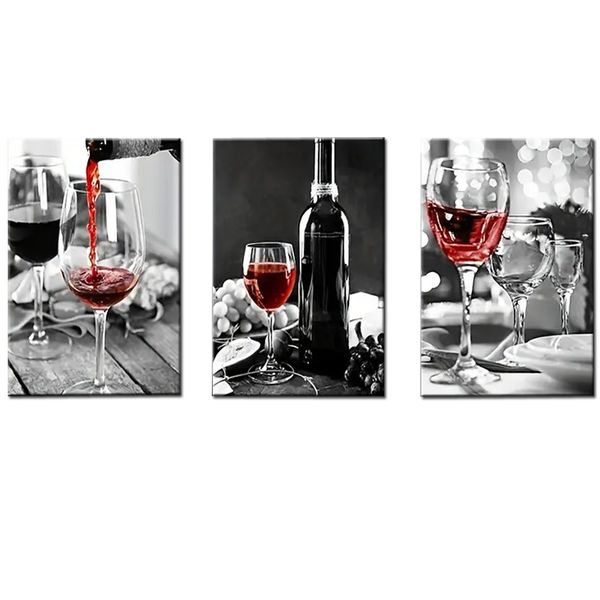 Canvas-Art-3 Pieces Black &amp; White Red Wine Galss &amp; Bottle Wall Art