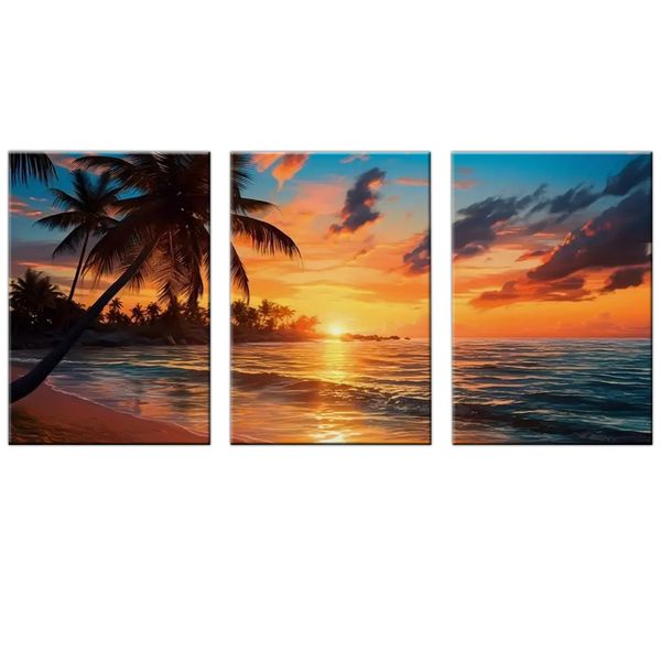 Canvas -Art-3 Pieces Palm Trees In Sunset Beach Landscape Wall Art