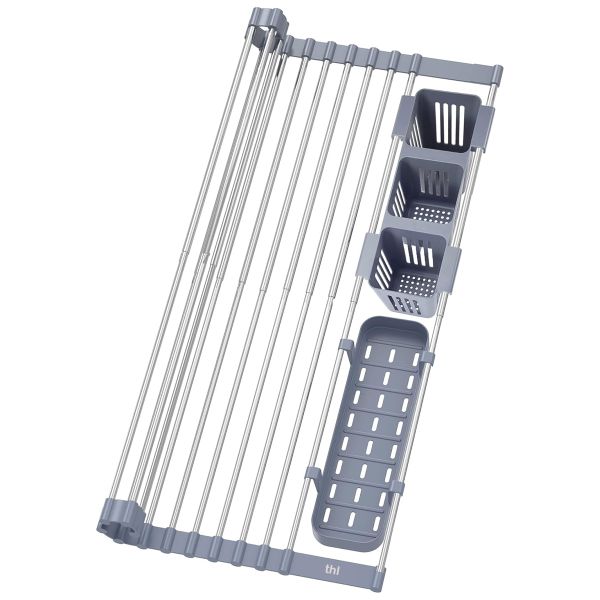 thl Expandable Roll Up Dish Drying Rack Up to 58cm with 2 Storage Baskets