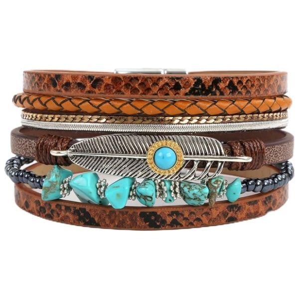 Leather Cuff Bracelet Feather Multi Strand Bracelet Wrap Bracelet