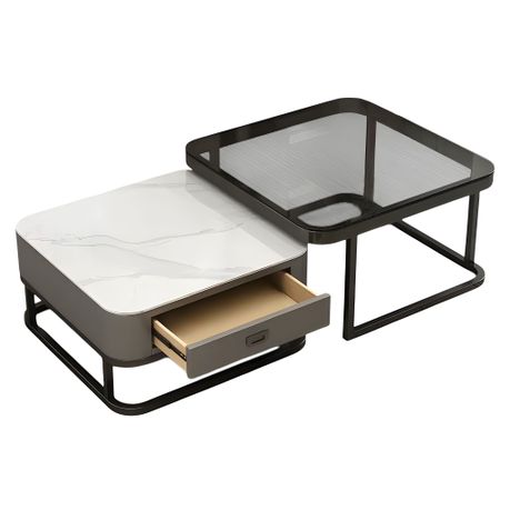 Square Nesting Coffee Table 2 Set Glass & Sintered Stone Table with Drawer Image