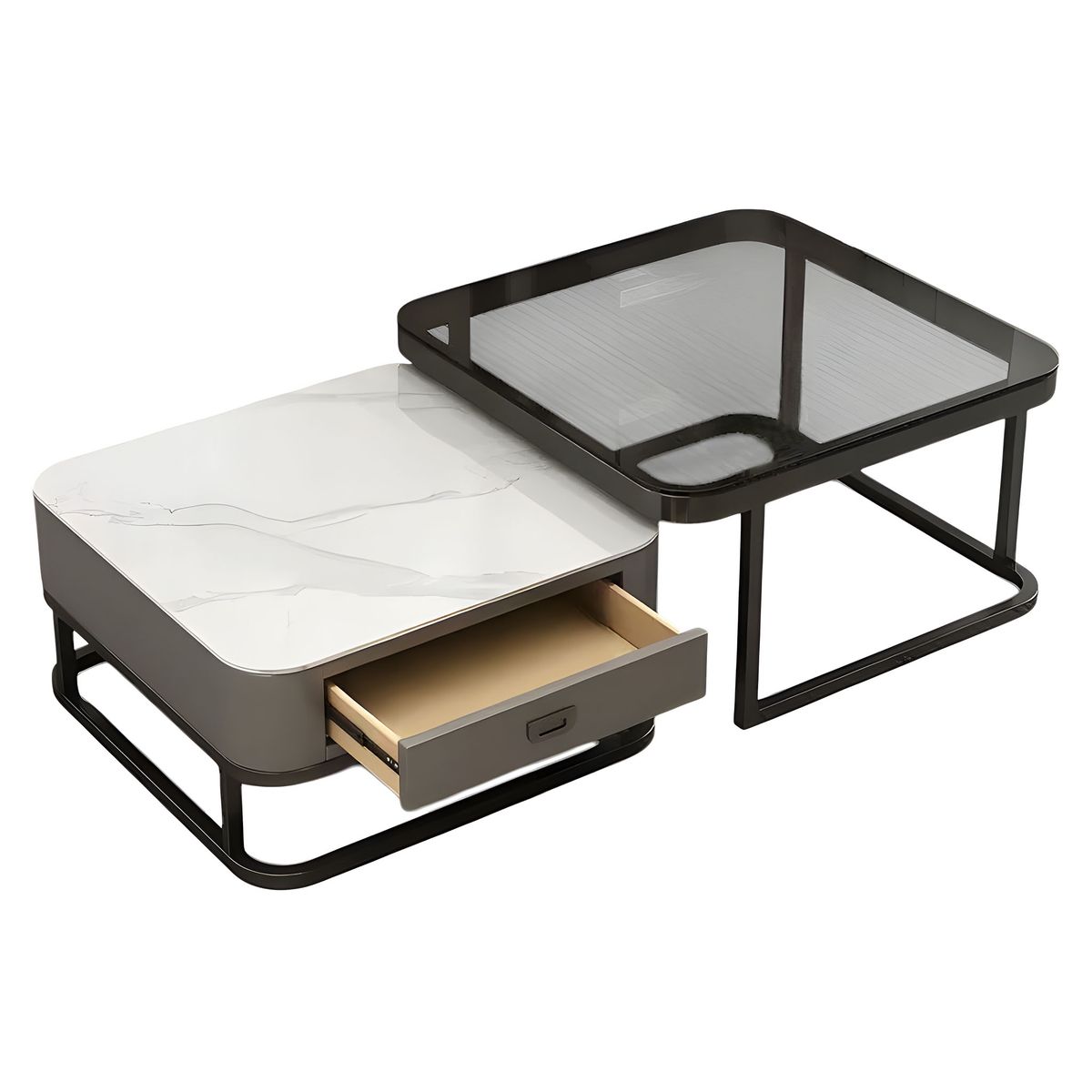 Square Nesting Coffee Table 2 Set Glass & Sintered Stone Table with Drawer