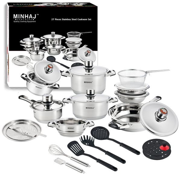 Minhaj - 9 Layers Heavy Bottom 27 Pieces Stainless Steel Pots Set