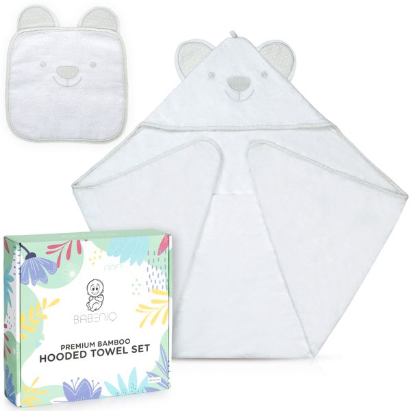 Babeniq Bamboo Hooded Baby Towel and Washcloth Gift Set. Organic Large Grey