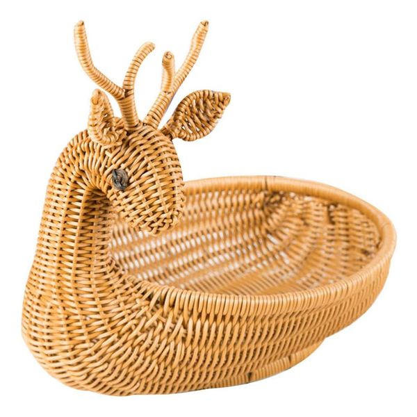 Home Decor Retro Woven Ratten Reindeer Bread Serving Basket