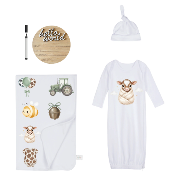 Newborn-Sleeping Bag, Swaddle, Hat, &amp; Birth Announce World-Farmer Pink