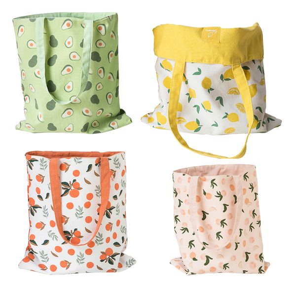 Reversible 4 Pack Shopper Bags - Avocado Lemon Orange Peach Design