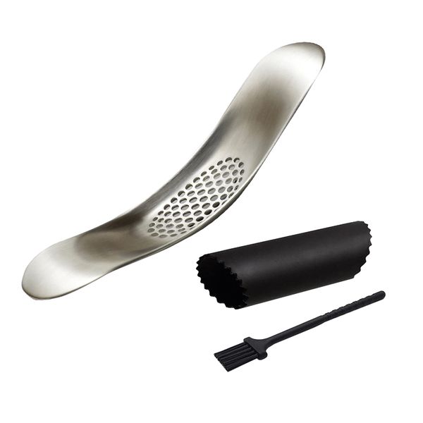 Stainless Steel Garlic Press With Silicone Peeler &amp; Cleaning Brush