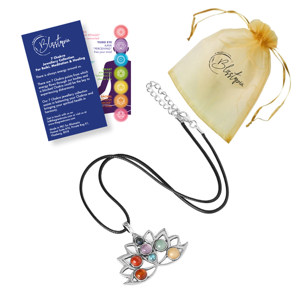 Blisstopia 7 Chakra Pendant Lotus Natural Stone - Black Wax Cord, Card &amp; Bag