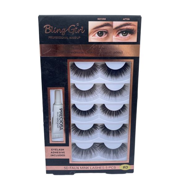 Bling Girl Human Hair 5D Eyelashes and Glue Set - 5 Pairs D