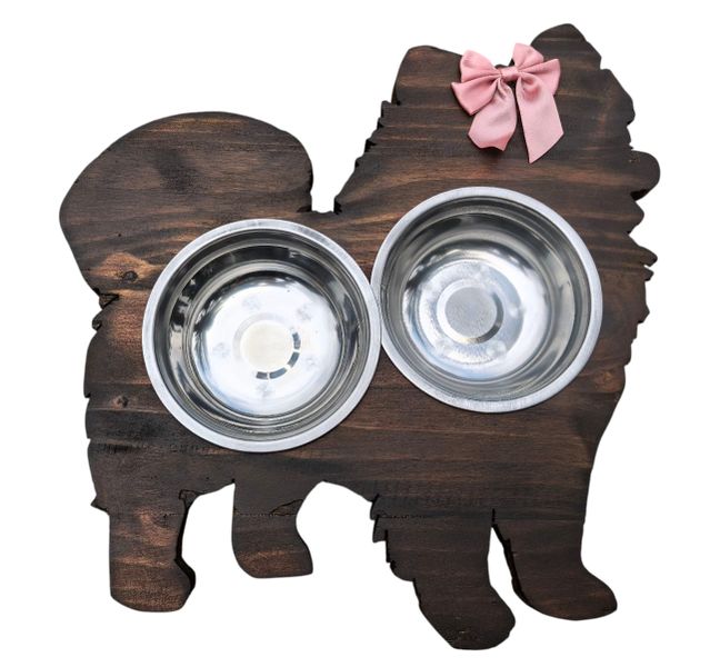 Wooden Raised Dog Feeder for Toy Pomeranian - Double Bowl Stand