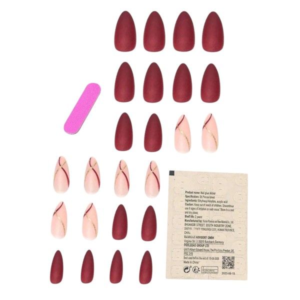 24 Piece - Press On Nails Set With Gold Glitter Designs - Nude &amp; Red