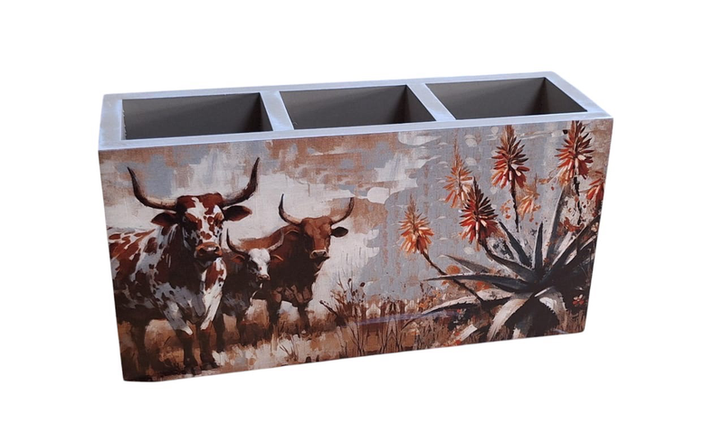 Cutlery/Stationary Holder - Brown Cattle with Aloe Plant