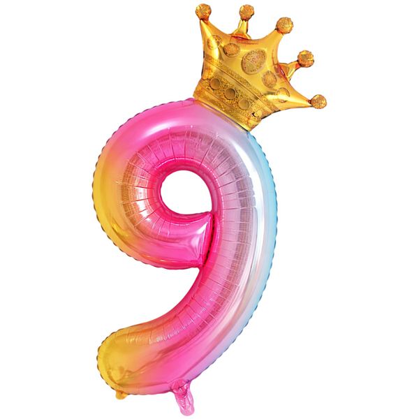 Rainbow Crown Number Foil Balloon - Large Metallic Birthday Party Number 9