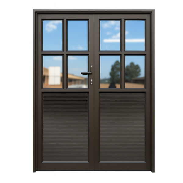 Aluminium Double Swing Door with Glass &amp; Privacy Panels - Brown Finish