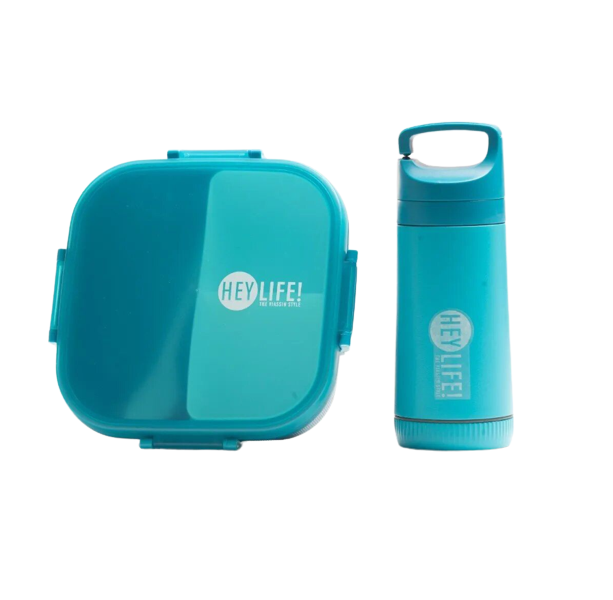 3 Grid Lunch Box Set With Water Bottle &amp; Spoon - Blue