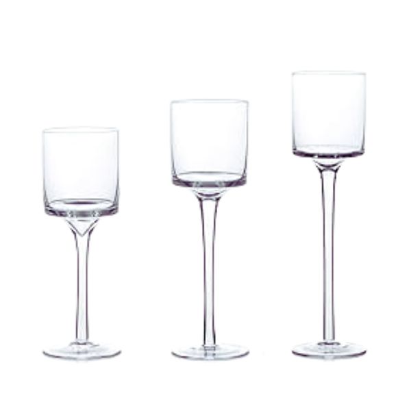 Long Stem Glass Candle Holders - 20-26cm - 3 Pack