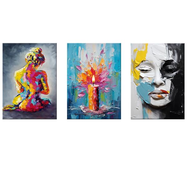 Canvas-Art-3 Pieces Colourful Woman &amp; Splash Colourful Candle Wall Art