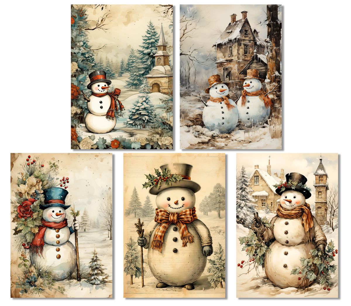 Christmas Cards: Vintage Snowman (5 Pack)