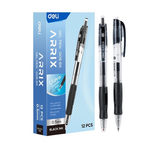 Deli Arris Retractable Gel Pen 0.5mm with Soft Grip Black or Blue, 12 pcs