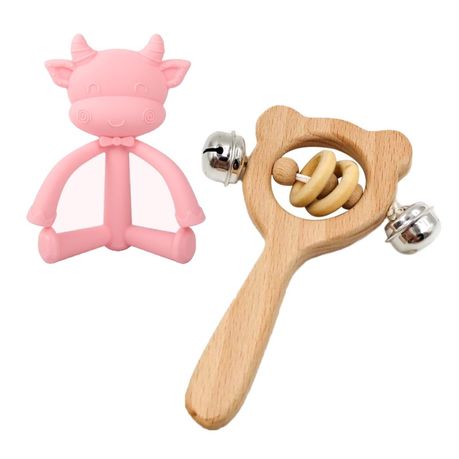Teeher Cow Silicone and wooden Rattle Pink