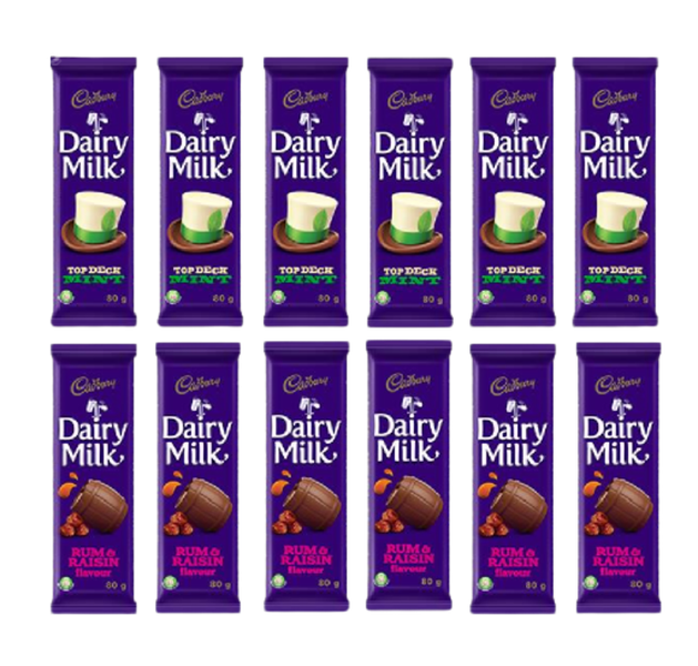 Cadbury Dairy Milk Rum &amp; Raisin &amp; Mint Crisp (12 x 80g Bars)