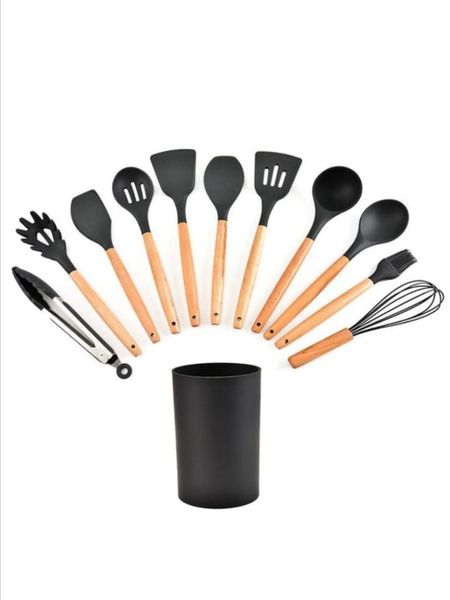 11 Piece Silicone Utensils With Wooden Handle Set - Grey