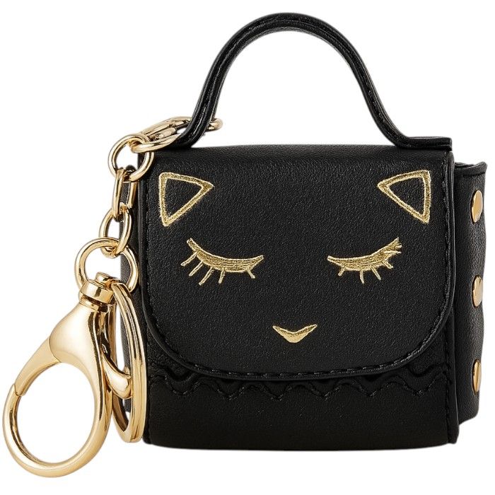 Mini Handbag Keychain With Adorable Cat Design - Black & Gold