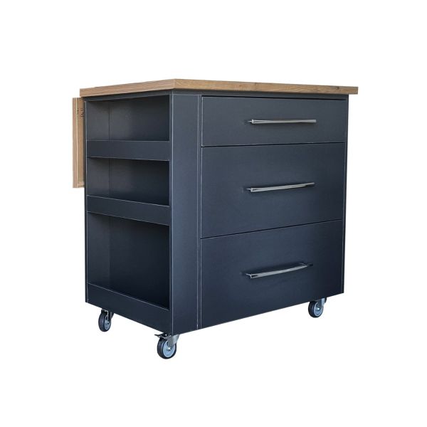 Large Kitchen Island on Wheels with Fold-Out Table and Drawers - Midnight
