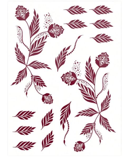 1 Piece - Charming Flower And Leaf Temporary Tattoo - Burgundy