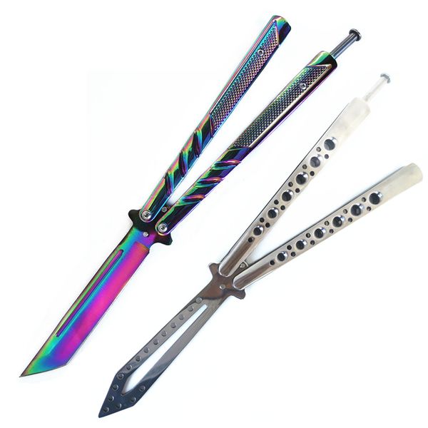 Premium Butterfly Knife Balisong - Silver Practice Large + Iridescent Large