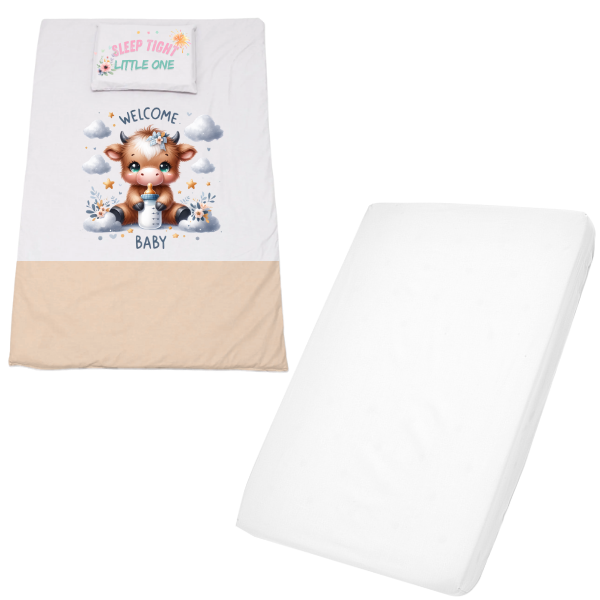 Cot Duvet Cover &amp; Waterproof Fitted Sheet 940 x 660mm Highland Cow Girl