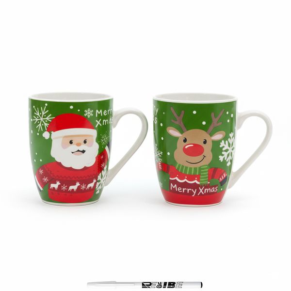 2 Piece Festive Christmas Mugs: Santa &amp; Reindeer Holiday Drinkware ReVibe Pen