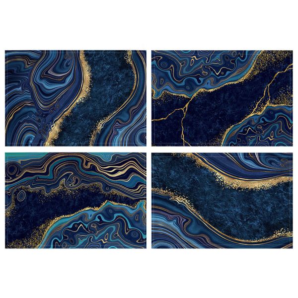 4-Pack Navy/Gold Marble Linen Placemats, Waterproof &amp; Heat Resistant